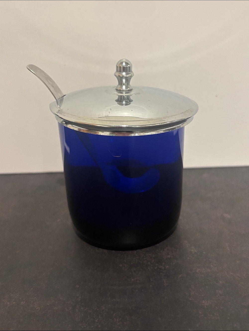 Vintage Cobalt Blue Glass Jar - Libbey Glass Marriage Piece with Silver-Tone Lid